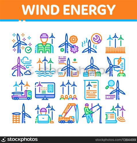 Wind Energy Technicians Collection Icons Set Vector. Repair And Research, Delivery Details Truck And Installing Machine, Energy Industry Concept Linear Pictograms. Color Illustrations. Wind Energy Technicians Collection Icons Set Vector