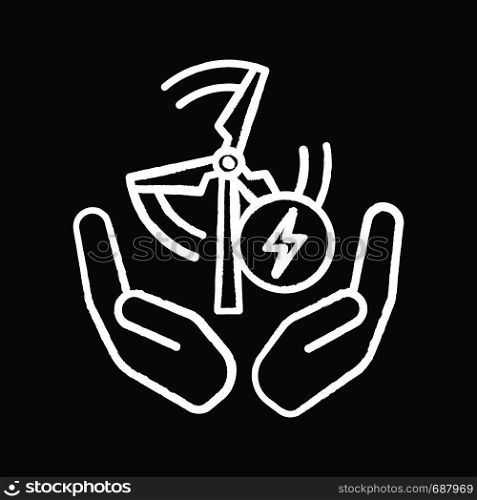 Wind energy turbine in hands chalk icon. Clean energy. Renewable resource. Isolated vector chalkboard illustrations. Wind energy turbine in hands chalk icon