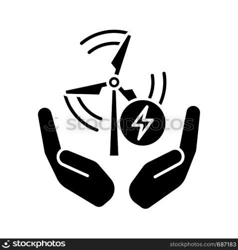 Wind energy turbine in hands glyph icon. Clean energy. Renewable resource. Silhouette symbol. Negative space. Vector isolated illustration. Wind energy turbine in hands glyph icon