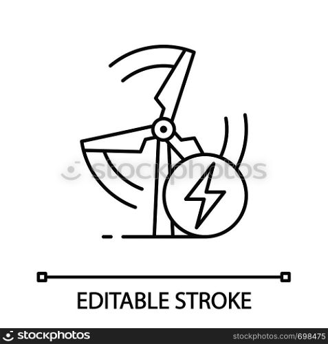 Wind energy turbine linear icon. Renewable resources. Thin line illustration. Windmill. Clean energy. Contour symbol. Vector isolated outline drawing. Editable stroke. Wind energy turbine linear icon