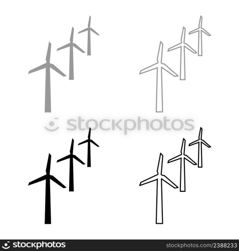 Wind generators turbine power Windmill clean energy concept set icon grey black color vector illustration image simple solid fill outline contour line thin flat style. Wind generators turbine power Windmill clean energy concept set icon grey black color vector illustration image solid fill outline contour line thin flat style