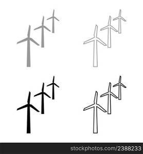 Wind generators turbine power Windmill clean energy concept set icon grey black color vector illustration image simple solid fill outline contour line thin flat style. Wind generators turbine power Windmill clean energy concept set icon grey black color vector illustration image solid fill outline contour line thin flat style