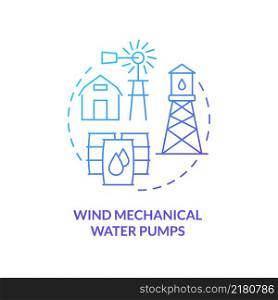 Wind mechanical water pumps blue gradient concept icon. Rural electrification technology abstract idea thin line illustration. Isolated outline drawing. Roboto-Medium, Myriad Pro-Bold fonts used. Wind mechanical water pumps blue gradient concept icon