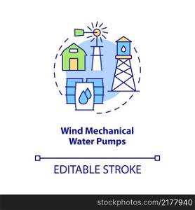 Wind mechanical water pumps concept icon. Rural electrification technology abstract idea thin line illustration. Isolated outline drawing. Editable stroke. Roboto-Medium, Myriad Pro-Bold fonts used. Wind mechanical water pumps concept icon