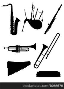 wind musical instruments set icons black outline silhouette stock vector illustration isolated on white background