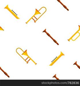 Wind Musical Instruments Vector Color Icons Seamless Pattern. Trumpet, Saxophone Acoustic Instruments Linear Symbols Pack. Jazz Symphony Orchestra, Blues Band. Golden Horn, Pipe Illustrations. Wind Musical Instruments Vector Seamless Pattern
