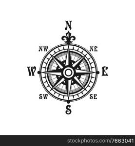 Wind of rose isolated compass navigation symbol with south, west, east and north sides. Vector monochrome windrose. Wind of rose isolated compass navigation symbol