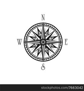 Wind of rose isolated compass navigation symbol with south, west, east and north sides. Vector monochrome windrose. Wind of rose isolated compass navigation symbol
