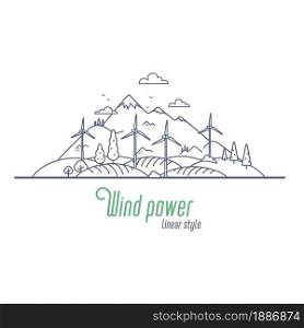 Wind power concept thin line vector illustration. Windmill energy as an alternative electricity resource. Outline style vector illustration on white background. Wind power concept thin line vector illustration. Windmill energy as an alternative electricity resource. Outline style vector illustration on white background.