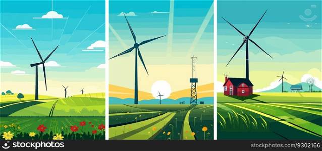 Wind power turbines and windmills vector illustration. A landscape with greenfields and turbines that transforms the kinetic energy in the wind into mechanical power.. Wind power turbines and windmills vector illustration. A landscape with greenfields and turbines that transforms the kinetic energy in the wind into mechanical power