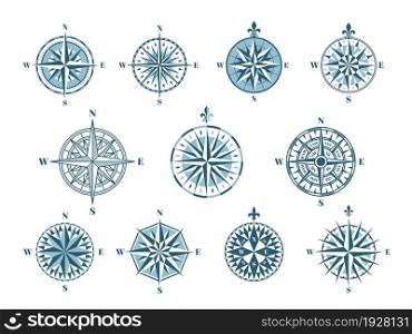 Wind rose compass icons. Cartography elements, vintage navigation. Marine signs, east north nautical pointer. Discovery arrow tidy vector set. Illustration of compass east north south and west sides. Wind rose compass icons. Cartography elements, vintage navigation. Marine signs, east north nautical pointer. Discovery arrow tidy vector set