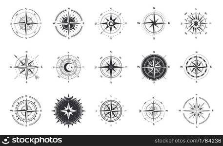Wind rose. Compass signs. Nautical instruments for north orientation. Black and white contour cartographic symbols. Silhouettes of retro navigational equipment. Vector round map icons with arrows. Wind rose. Compass signs. Nautical instruments for north orientation. Black and white contour cartographic symbols. Silhouettes of navigational equipment. Vector map icons with arrows