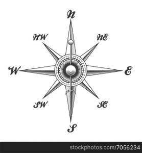 Wind rose navigation compass drawn in engraving style isolated on white background. Vector illustration.