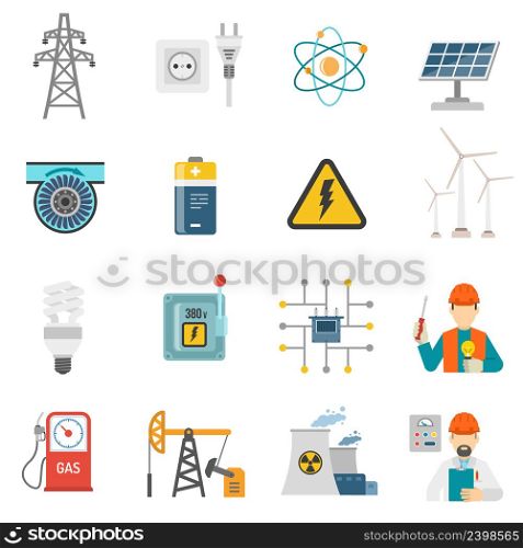 Wind solar and nuclear energy generating systems flat icons set with radiation sign abstract vector isolated illustration. Energy power flat icons set