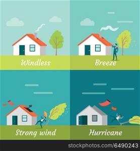 Wind Strength Levels. Windless Breeze Hurricane.. Wind strength levels. Windless breeze strong wind hurricane. Set of banners with wind levels. Cottage house, man and tree. Natural disaster. Changeable weather concept. Vector illustration