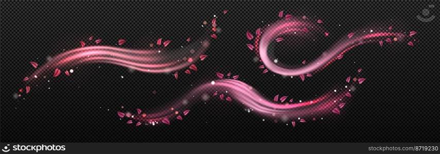 Wind swirls with flower pink petals isolated on transparent background. Vector realistic illustration of spiral air vortex with flying blossom petals, magic dust splash. Wind swirls with flower pink petals