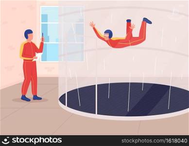 Wind tunnel training flat color vector illustration. Skydiving happens in vertical wind tunnel. Proffesionals preparing for space mission 2D cartoon characters with special device on background. Wind tunnel training flat color vector illustration