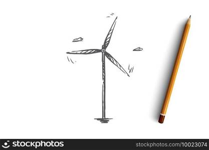 Wind, turbine, energy, power, alternative concept. Hand drawn wind turbine working outdoor concept sketch. Isolated vector illustration.. Wind, turbine, energy, power, alternative concept. Hand drawn isolated vector.