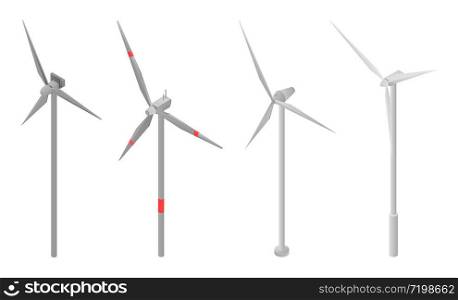 Wind turbine icons set. Isometric set of wind turbine vector icons for web design isolated on white background. Wind turbine icons set, isometric style