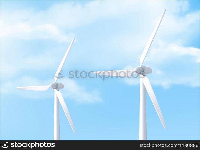 Wind turbine on background of sky. Alternative renewable power generation, green energy concept. Vector realistic illustration of windmills with white vanes and blue sky with clouds. Vector realistic white wind turbine and blue sky