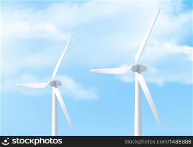 Wind turbine on background of sky. Alternative renewable power generation, green energy concept. Vector realistic illustration of windmills with white vanes and blue sky with clouds. Vector realistic white wind turbine and blue sky