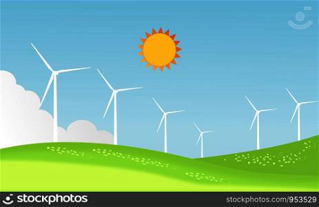 Wind turbines farm on a sunny summer day landscape and green wave mountain. vector illustration design