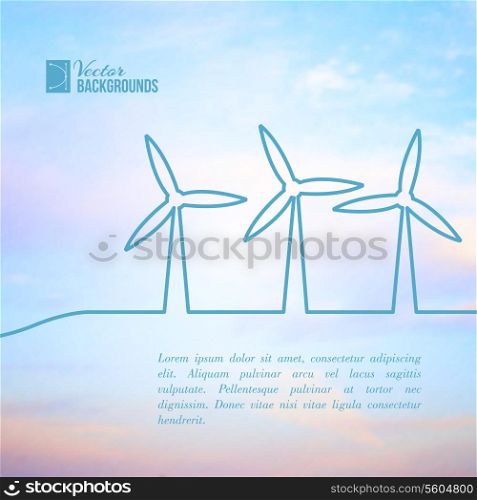 Wind turbines generating electricity. Vector illustration.