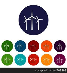 Wind turbines in simple style isolated on white background vector illustration. Wind turbines set icons