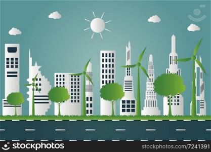Wind turbines with trees and sun Clean energy with eco-friendly concept ideas on city background,Vector illustration