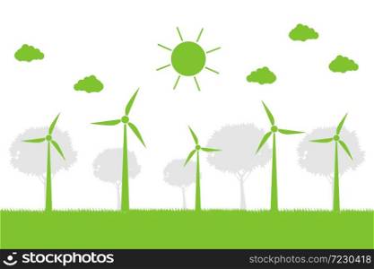 Wind turbines with trees and sun Clean energy with eco-friendly concept ideas,Vector llustration