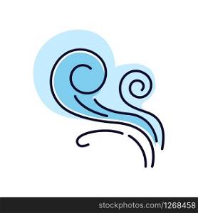 Wind whirl blue RGB color icon. Cold fresh air swirl. Whirlwind. Good smell, evaporation. Aromatic fragrance. Smoke puff, breeze. Blowing wind spirals, fume. Isolated vector illustration
