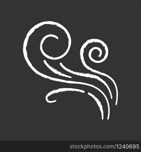 Wind whirl chalk white icon on black background. Cold fresh air swirl. Whirlwind. Good smell, evaporation. Aromatic fragrance. Blowing wind spirals, fume. Isolated vector chalkboard illustration