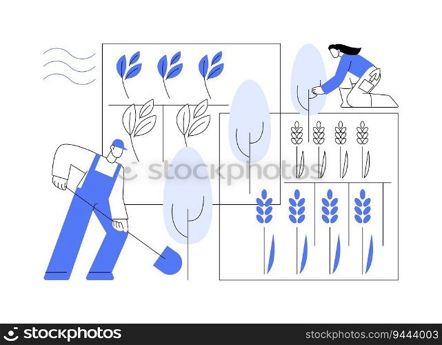 Windbreaks abstract concept vector illustration. Group of farmers plant bushes and trees between fields, sustainable agriculture, agroecology industry, windbreaks planting abstract metaphor.. Windbreaks abstract concept vector illustration.