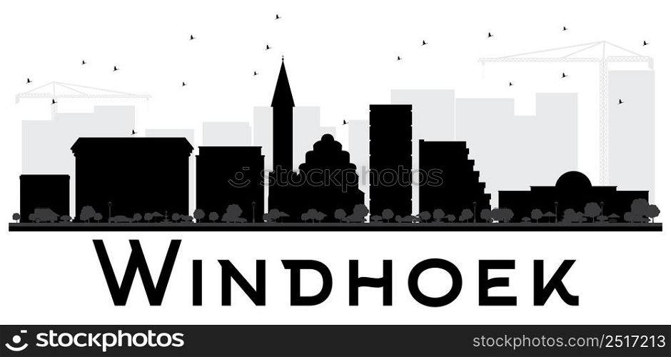 Windhoek City skyline black and white silhouette. Vector illustration. Simple flat concept for tourism presentation, banner, placard or web site. Business travel concept. Cityscape with landmarks