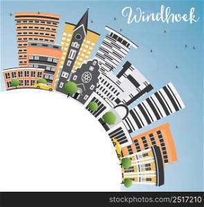 Windhoek Skyline with Color Buildings, Blue Sky and Copy Space. Vector Illustration. Business Travel and Tourism Concept with Modern Architecture. Image for Presentation Banner Placard and Web Site.