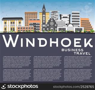 Windhoek Skyline with Color Buildings, Blue Sky and Copy Space. Vector Illustration. Business Travel and Tourism Concept with Modern Buildings. Image for Presentation Banner Placard and Web Site.