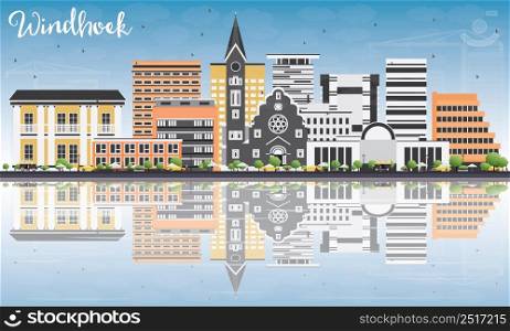 Windhoek Skyline with Color Buildings, Blue Sky and Reflections. Vector Illustration. Business Travel and Tourism Concept with Modern Buildings. Image for Presentation Banner Placard and Web Site.
