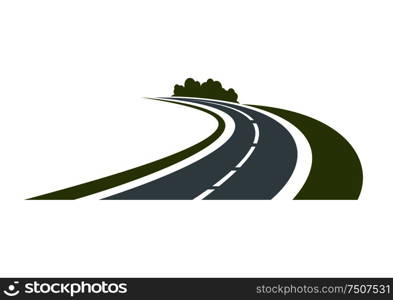 Winding paved road icon with green grassy roadside and curly bushes isolated on white background. For travel or transportation theme. Winding road with green roadside