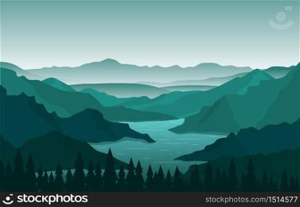 Winding River Mountain Forest Beautiful Rural Nature Landscape Illustration