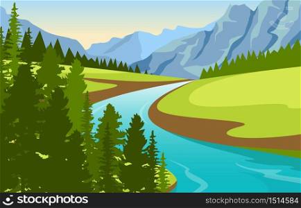 Winding River Mountain Forest Beautiful Rural Nature Landscape Illustration
