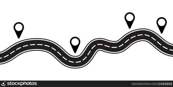 Winding road. Curved road with white markings. Road with gps pins or pointer pin. Curve way or asphalt highway or city street. Winding route template. Flat parts road wavy. Path wave.