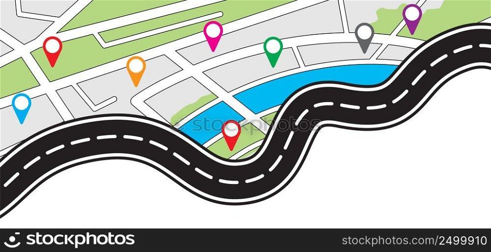 Winding road. Curved road with white markings. Road with gps pins or pointer pin. Curve way or asphalt highway or city street. Winding route template. Flat parts road wavy. Path wave. Pins location. 