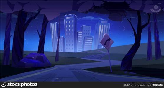Winding road to city in night. Cartoon vector twilight landscape of empty asphalt highway with sign, woods and grass from countryside to high-rise buildings in town under starry sky and moonlight.. Winding road to city in night.