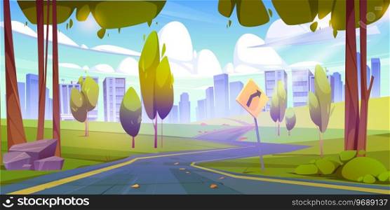 Winding road to city with sign, woods and grass on sides. Cartoon vector panoramic landscape with empty asphalt highway from countryside to skyscrapers in town. Summer cityscape with freeway in park.. Winding road to city with sign, woods and grass