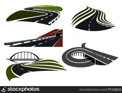 Winding roads among green fields, freeway with railroad bridge, highway interchange with ramp and mountainside road with tunnel, for transportation theme design. Roads and highways icons set