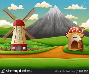 Windmill building and the mushroom house with a mountain background
