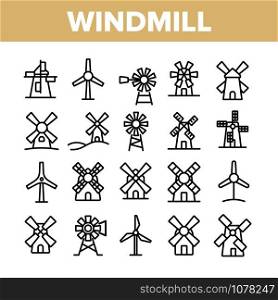 Windmill Building Collection Icons Set Vector Thin Line. Ancient Windmill For Flour Production And Electrical Wind Turbine Concept Linear Pictograms. Monochrome Contour Illustrations. Windmill Building Collection Icons Set Vector