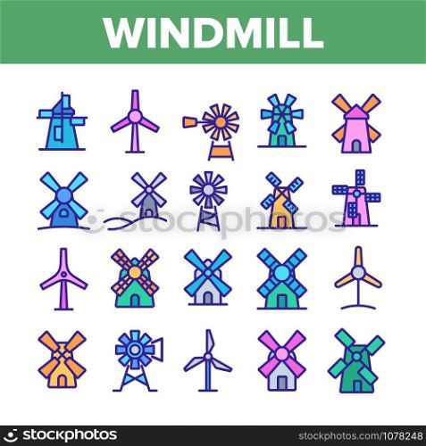 Windmill Building Collection Icons Set Vector Thin Line. Ancient Windmill For Flour Production And Electrical Wind Turbine Concept Linear Pictograms. Color Contour Illustrations. Windmill Building Collection Icons Set Vector