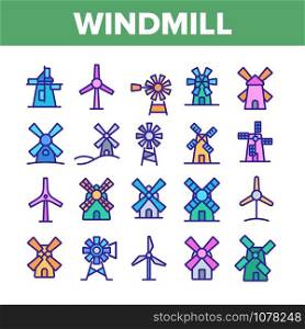 Windmill Building Collection Icons Set Vector Thin Line. Ancient Windmill For Flour Production And Electrical Wind Turbine Concept Linear Pictograms. Color Contour Illustrations. Windmill Building Collection Icons Set Vector
