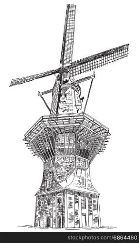 Windmill De Gooyer in Amsterdam (Netherlands, Holland) isolated hand drawing vector illustration in black color on white background